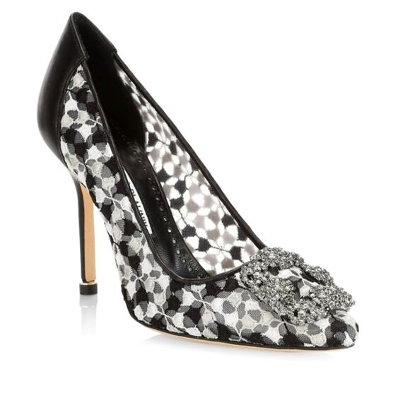 NIB$1095 Manolo Blahnik Hangisi 105 Satin Lace Embellished Jewel Pumps 36.5 6.5 - Picture 1 of 15